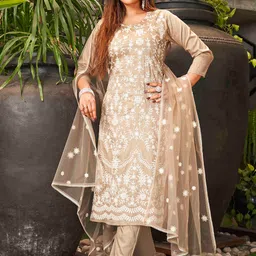 Tikhi Imli Floral Embroidered Chikankari Pure Cotton Kurta with Trousers & Dupatta-picture-35