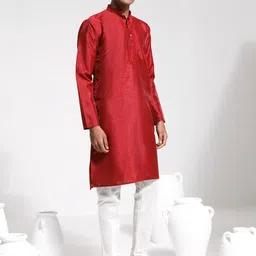 VASTRAMAY Men Floral Yoke Design Regular Thread Work Dupion Silk Kurta with Churidar-picture-11