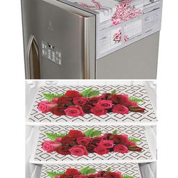 Dakshya Industries Maroon & Grey 4 Pcs Printed Waterproof Fridge Cover With 3 Fridge Mats-image-24