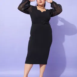 SASSAFRAS Curve Black Plus Size Sequin Embellished Puff Sleeves Sheath Midi Dress-2