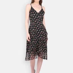 MARC LOUIS Women Black Floral Printed Chiffon Midi Dress-image-38