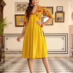 Rustorange Mustard Yellow & Pink Floral Liva A-Line Midi Dress-image-27
