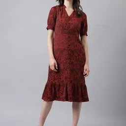 Latin Quarters Floral Printed Puff Sleeves Gathered Detailed Jacquard A-Line Midi Dress-image-90