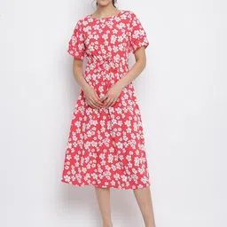 Mayra Pink Floral Crepe A-Line Midi Dress-image-0