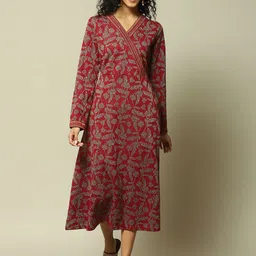 Rangriti Floral Print Cotton Wrap Midi Dress-40