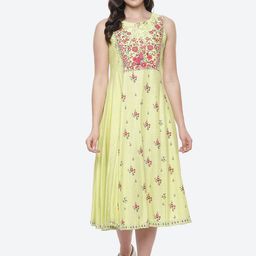 Biba Lime Green & Pink Floral Ethnic A-Line Midi Dress-4