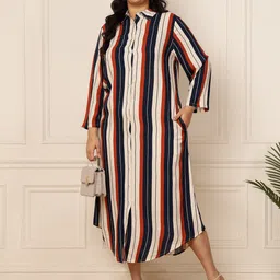 DEEBACO Striped Shirt Collar Curved A-Line Midi Dress-picture-42