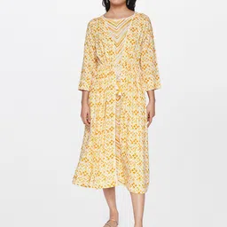 Global Desi Yellow Floral Layered A-Line Midi Dress-image-3