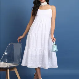 KETCH Floral Embroidered Shoulder Straps Tiered A-Line Midi Dress-picture-17