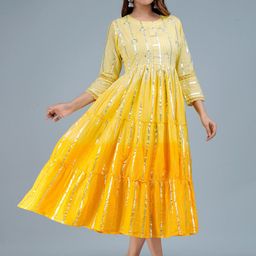 SARAI CREATIONS Yellow Hand Work Cotton Dyed Ombre Tiered Fit & Flare Dress-image-66