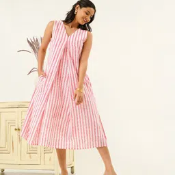indy Raaga Striped A-Line Midi Cotton Dress-picture-42