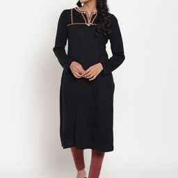 W Women Black & Orange Yoke Design Thread Work Kurta-image-17
