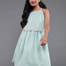 Aks Kids Girls Self Design Shoulder Strap Layered Georgette A-Line Midi Dress-picture-10