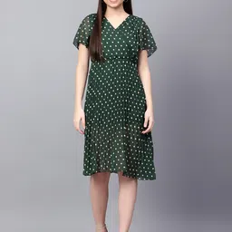 Tulip Eden Polka Dot Printed Flared Sleeves Gathered or Pleated Georgette Wrap Dress-image-44