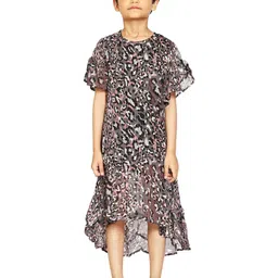 KiddoPanti Girls Grey & Pink Animal Print Layered A-Line Midi Dress-image-34