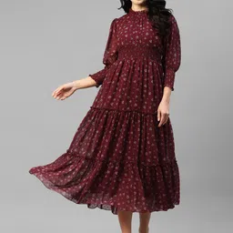 DEEBACO Floral Print Puff Sleeve Georgette A-Line Midi Dress-image-58