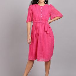 MARC LOUIS Pink Striped Georgette A-Line Midi Dress-image-70