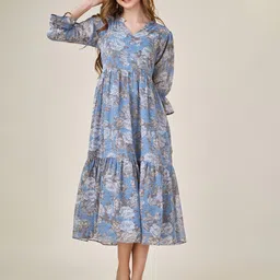 MOJILAA Floral Printed V-Neck Bell Sleeve Georgette Tiered A-Line Midi Dress-image-68