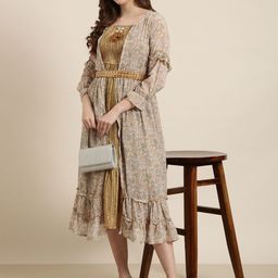 SHOWOFF Floral Shoulder Straps Smocked Tiered Fit And Flare Dress With Over Coat & Belt-image-63