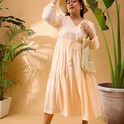 SASSAFRAS Curve Plus Size V-Neck Puff Sleeves Georgette Fit & Flare Tiered Midi Dress-image-79