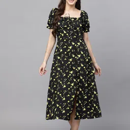 aayu Square Neck Floral Printed Puff Sleeve Crepe A-Line Midi Dress-image-2
