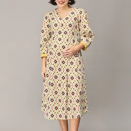 The Mom Store Geometric Printed V-Neck Puff Sleeves Maternity A-Line Midi Dress-image-45