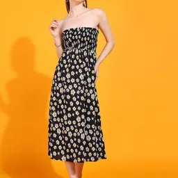 DODO & MOA Black Floral Printed Strapless Smocked A-Line Dress-picture-6