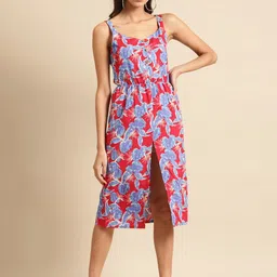 DODO & MOA Red Floral Crepe A-Line Midi Dress-picture-52