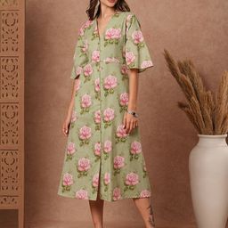 FASHOR Floral Print Flared Sleeve A-Line Midi Dress-28