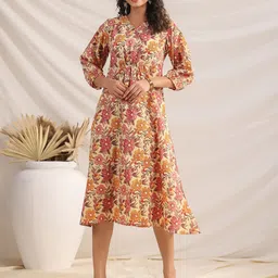 Janasya Floral Printed V-Neck Flared Sleeve Cotton A-Line Midi Dress-picture-12