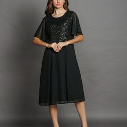 Zink London Sequined Round Neck Flared Sleeve A-Line Midi Dress-image-20