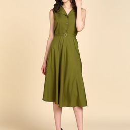 Rudraaksha Creations Shirt Collar Knee Length A-Line Dress-image-93