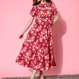 KALINI Floral Print Mandarin Collar Short Sleeves  Crepe A-Line Midi Dress-image-97