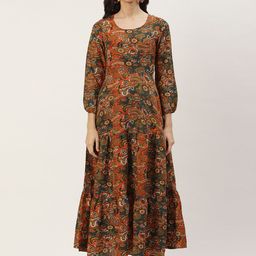 Deewa Floral Printed Round Neck Crepe A-Line Midi Dress-image-92