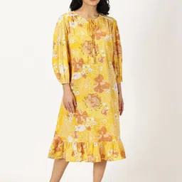 Saffron Threads Floral Printed Tie-Up Neck Puff Sleeve Cotton A-Line Midi Dress-9