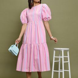 Vishudh Pink Striped Puff Sleeves A-Line Midi Dress-image-94