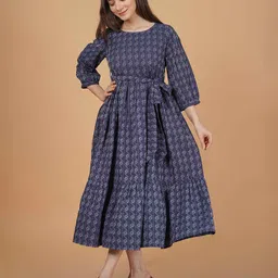 INDIANIC Ethnic Motifs Self Design Puff Sleeve Cotton A-Line Midi Dress-picture-17