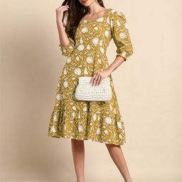Janasya Floral Print Puff Sleeve A-Line Midi Dress-image-31