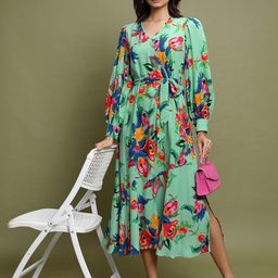 Vishudh Sea Floral Printed Puff Sleeves Fit & Flare Midi Dress-image-55