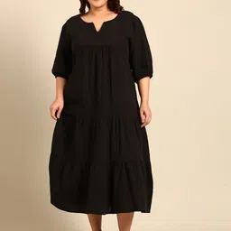 The Pink Moon Plus Size Notch Neck Puff Sleeve Cotton A-Line Midi Dress-picture-4
