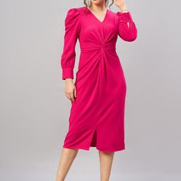 Antheaa Pink Shirt Collar Cuff Sleeves Pleated Sheath Midi Dress-image-24