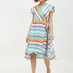 StyleStone Women Multicoloured Striped Satin Midi Dress-image-96