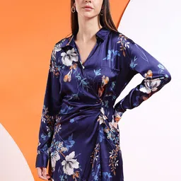 Freehand by The Indian Garage Co Blue  White Floral Printed Shirt Collar Cuffed Sleeves A-Line Mini Dress-image-60