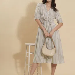 Murcia Women Cotton Mandarin Collar Striped Shirt Midi Dress-image-80