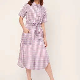 Moomaya Lavender Checked Spread Collar Shirt Midi Dress-picture-28