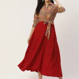 DressBerry Maroon & Yellow Ethnic Motifs Printed Tie-Up Detailed A-Line Dress-image-96