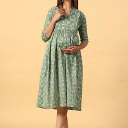CRAFIQA Floral Printed Maternity & Nursing Pure Cotton Pleated Fit & Flare Midi Dress-picture-46
