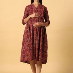 CRAFIQA Floral Print Mandarin Collar Fit & Flare Maternity Midi Dress-image-76