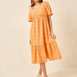 Styli Half Sleeves Self Design Square Neck Cotton A-Line Midi Dress-image-19