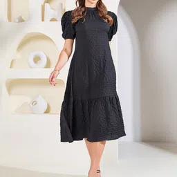 Styli Black Self Design High Neck Puff Sleeve A-Line Midi Dress-image-2